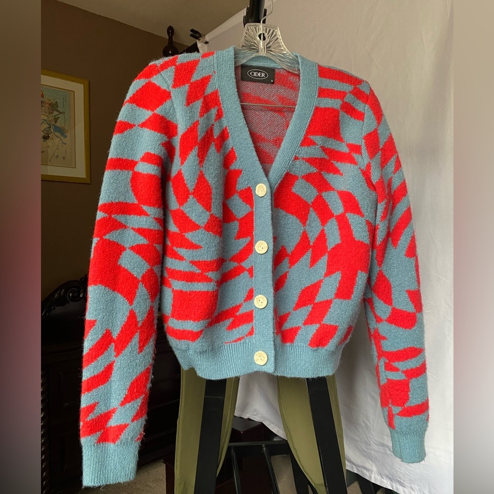 Cider Cardigan Trippy Swirl Checkered. Loose fit, Sz Small